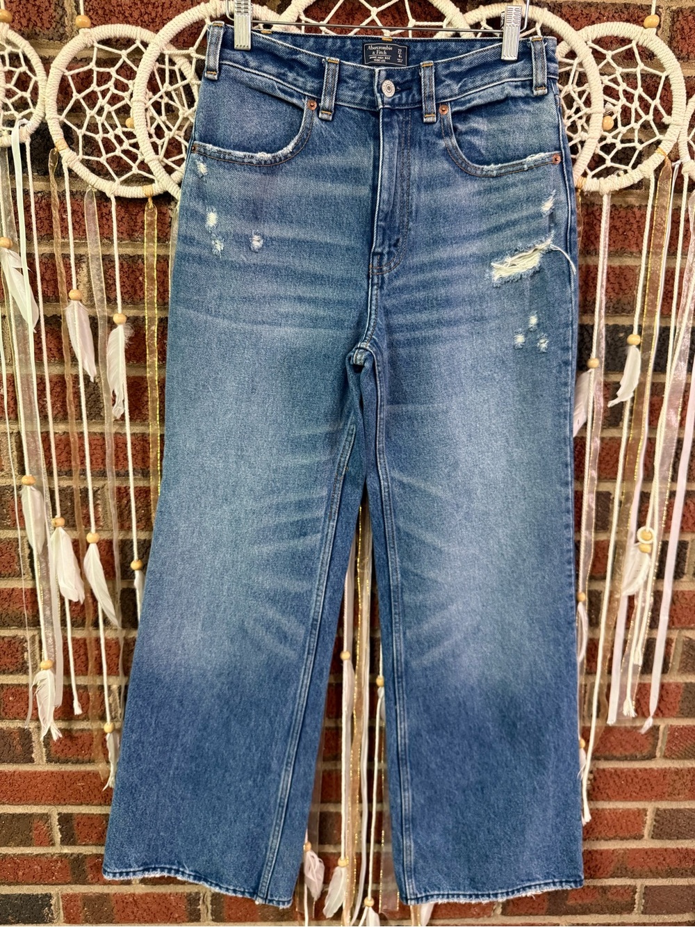 Abercrombie & Fitch Medium Blue Wide-Leg Distressed Jeans